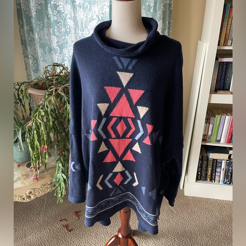 J. Jill navy knit southwestern dolman sleeve oversized poncho sweater
